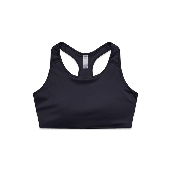 A black sports crop top with a racerback design and a small logo on the front.