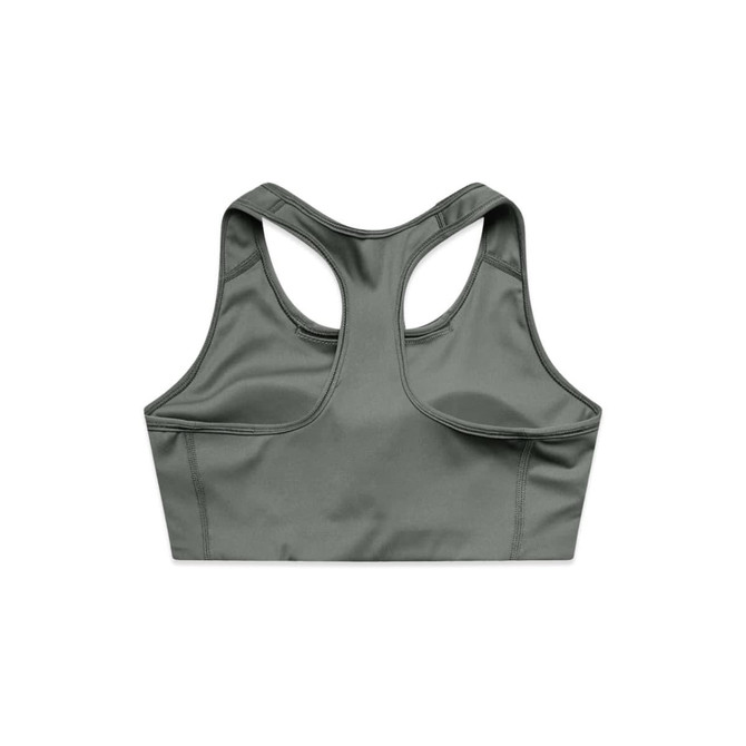 A grey sports crop top with a racerback design and a simple, streamlined appearance. It features branding on the material.
