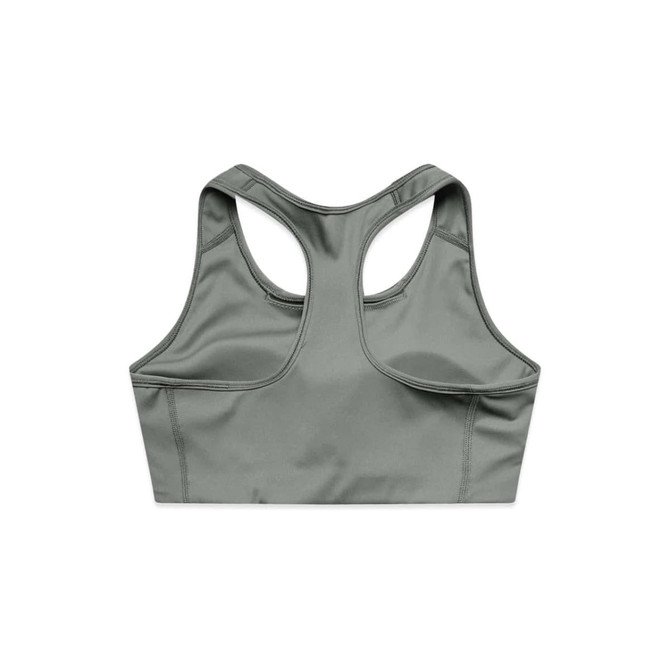 A grey active bra top featuring a racerback design, suitable for sportswear. It has a logo on the back.