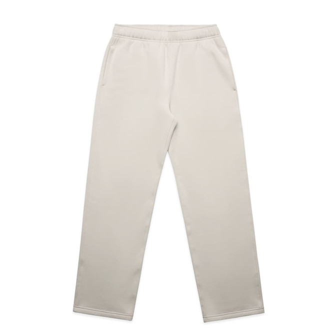 Cream-coloured cuffless track pants with a smooth finish and side pockets, featuring a minimal logo.