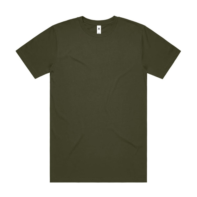 An olive green t-shirt with a crew neck and short sleeves, featuring a logo on the label.