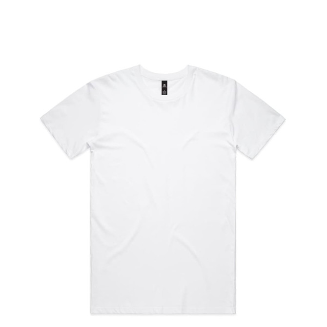 A white t-shirt displayed flat, featuring a classic crew neck design and a small logo on the label.