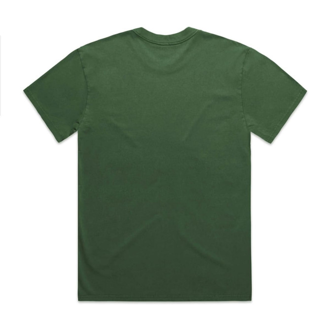 A green t-shirt featuring a plain back design and a logo.