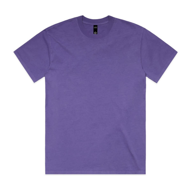 A purple heavy faded tee with a classic crew neck design and short sleeves. It features a logo on the label.
