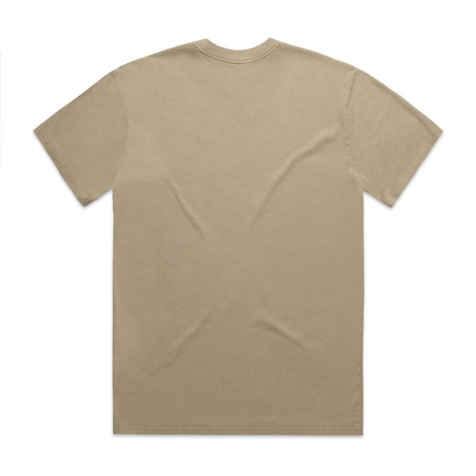 A khaki heavy faded tee, featuring a classic crew neck and short sleeves, with a branding logo.