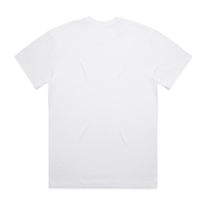A plain white T-shirt featuring a crew neckline and short sleeves, with a logo on the back.