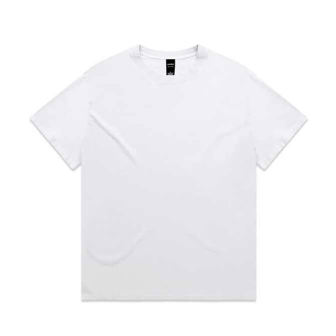 A white t-shirt featuring a relaxed fit and short sleeves. The design includes a logo at the neck.
