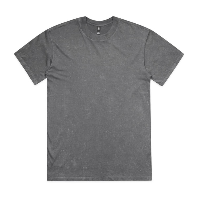 A grey stone wash heavy tee featuring a crew neck and short sleeves, with a visible logo.