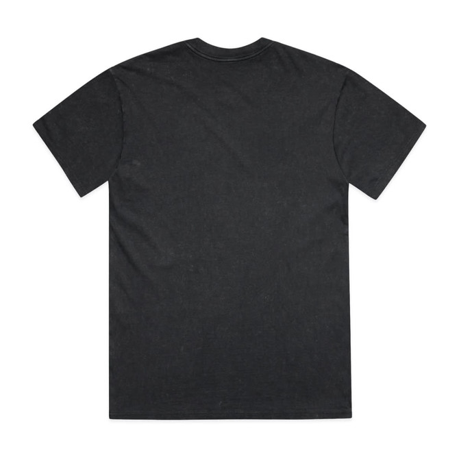 A black heavy tee with a casual design and a visible logo on the back.