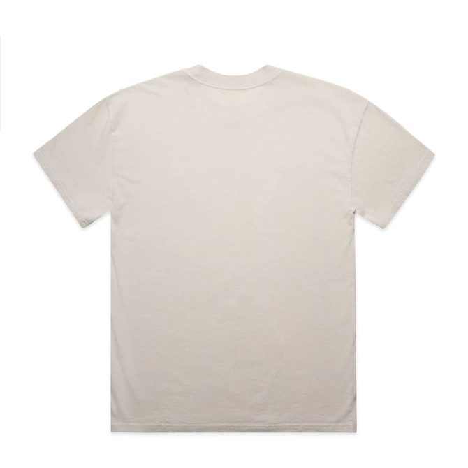 A plain beige t-shirt featuring a standard crew neck and short sleeves, with a logo on the back.