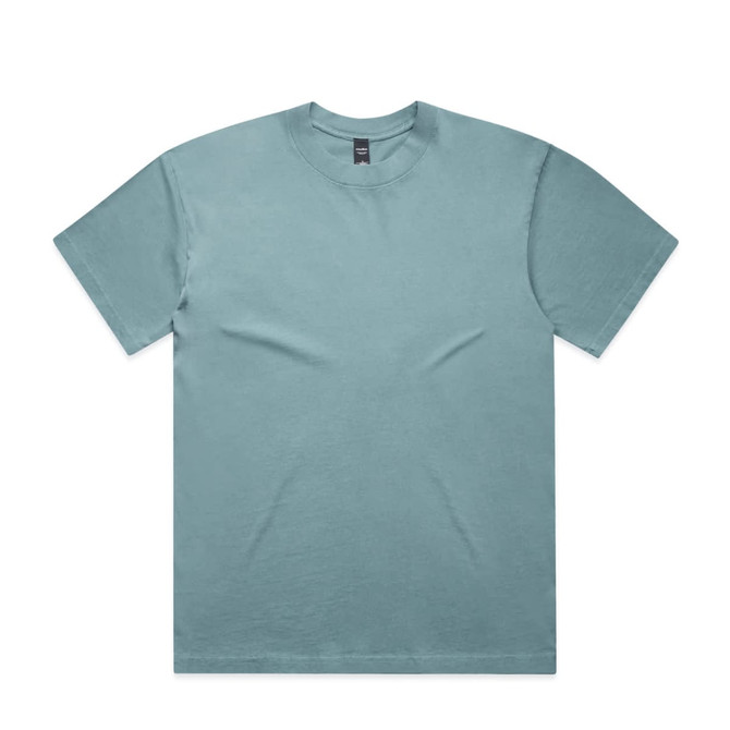 A faded teal short-sleeve T-shirt with a crew neck and a logo on the label.