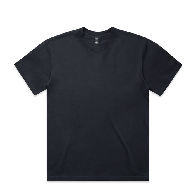 A plain black T-shirt with a crew neckline and short sleeves, featuring a logo on the label.