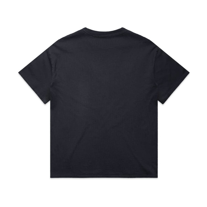 A dark navy T-shirt with a relaxed fit and short sleeves, featuring a logo on the back.