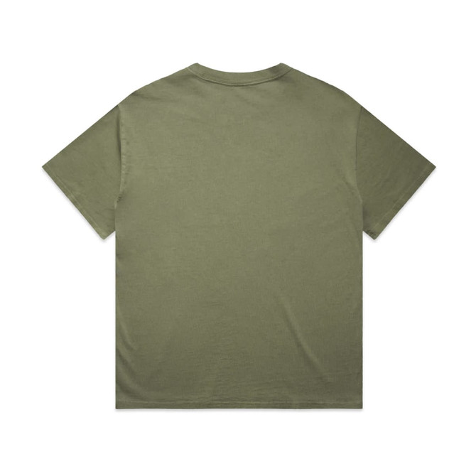 A faded olive green t-shirt with a relaxed fit and short sleeves. The back is plain with no visible branding.
