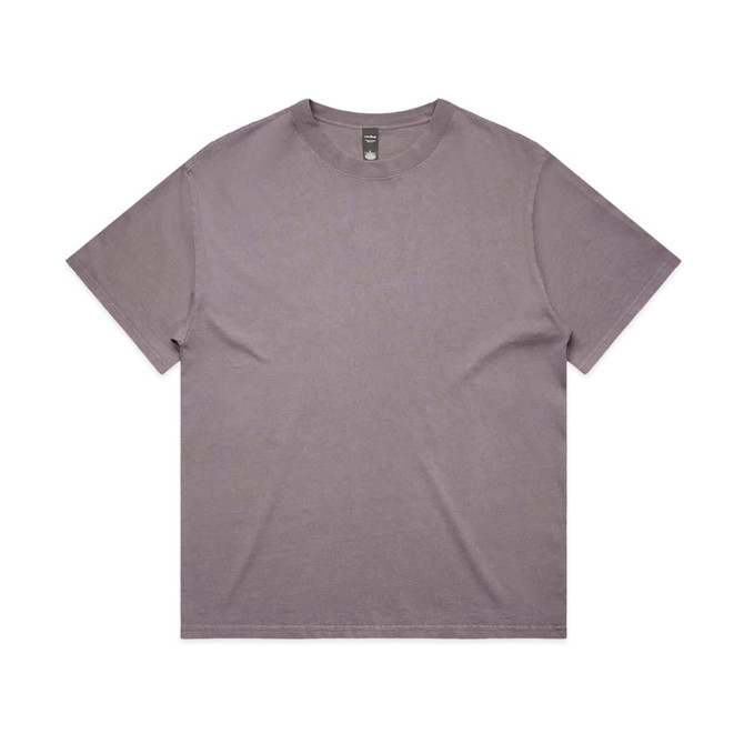 A faded purple t-shirt with short sleeves and a round neckline, featuring a brand logo.