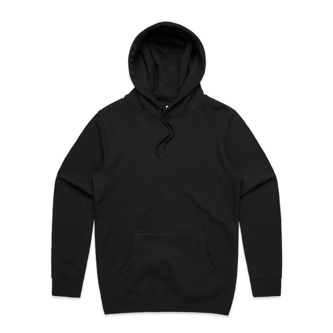 A black hoodie featuring a front pocket and drawstring hood, with a logo on the design.