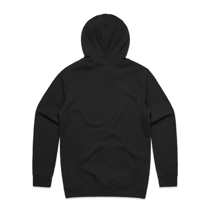 A black hoodie with a hood and long sleeves, featuring a minimalist design and a logo.
