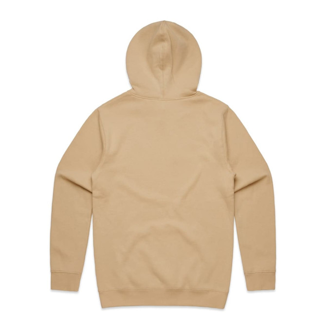 A beige hoodie with a hood and long sleeves, displayed from the back. The garment has a smooth texture.