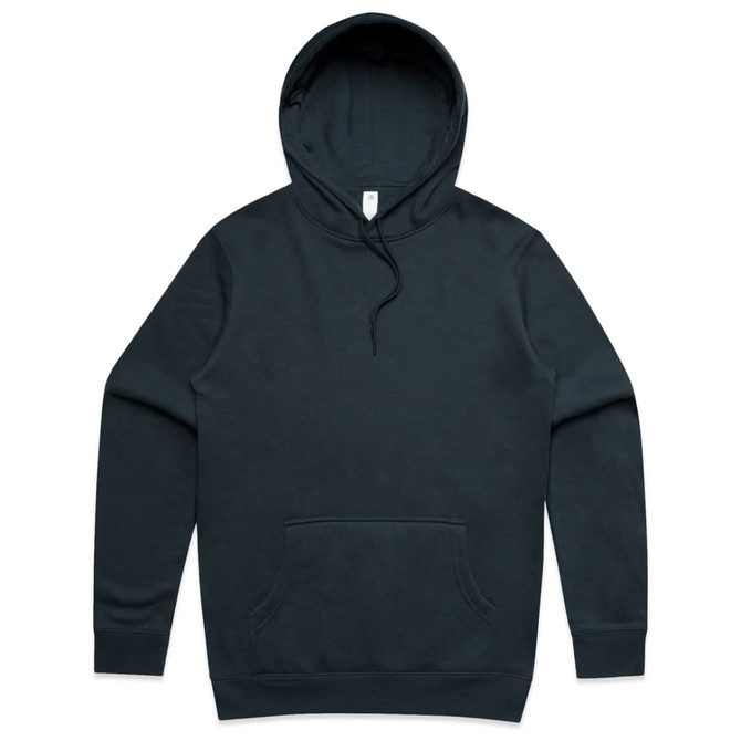 A dark green hoodie featuring a front pocket and a drawstring hood, with a branding label inside.