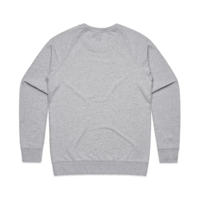 A grey sweater featuring a ribbed neckline and cuffs, with a simple design and a logo on the back.