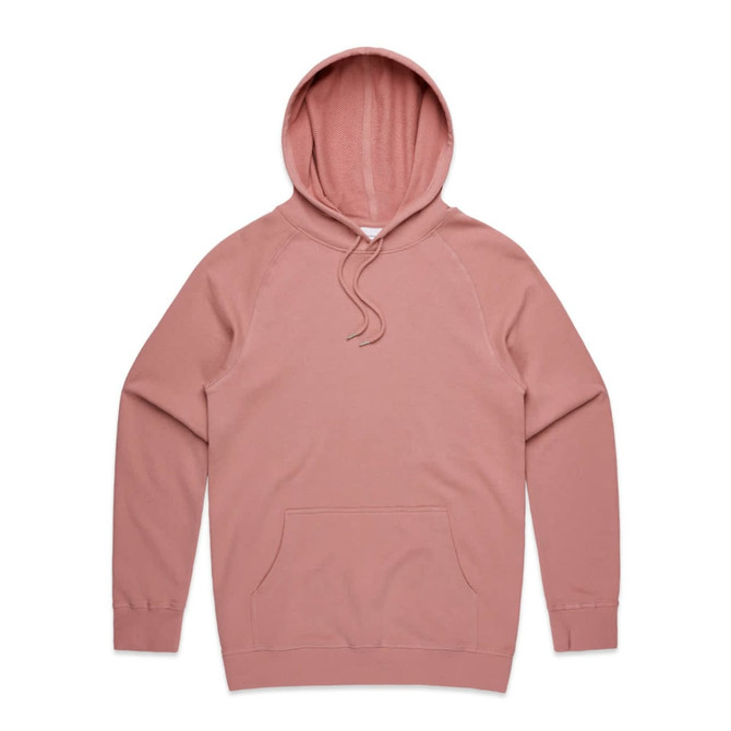 A soft pink hoodie with a front pocket and a drawstring hood, featuring raglan sleeves and a logo.