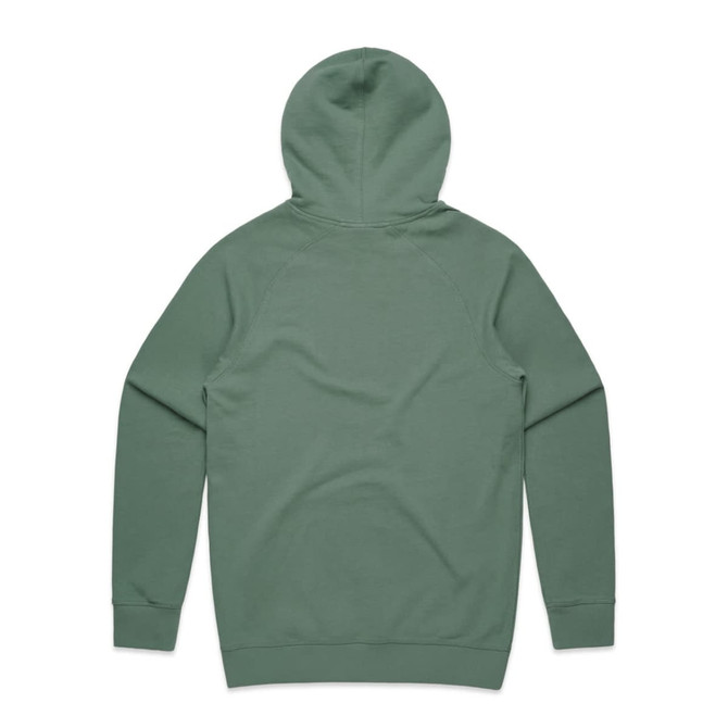 A green premium hoodie with a kangaroo pocket and a hood, featuring a logo on the neck area.