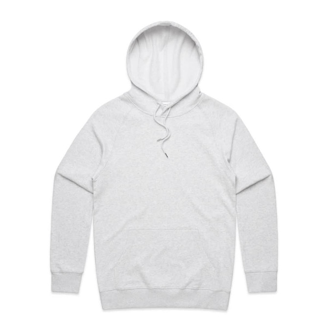 A light grey hoodie featuring a front pocket and an adjustable drawstring hood. The design includes a logo.
