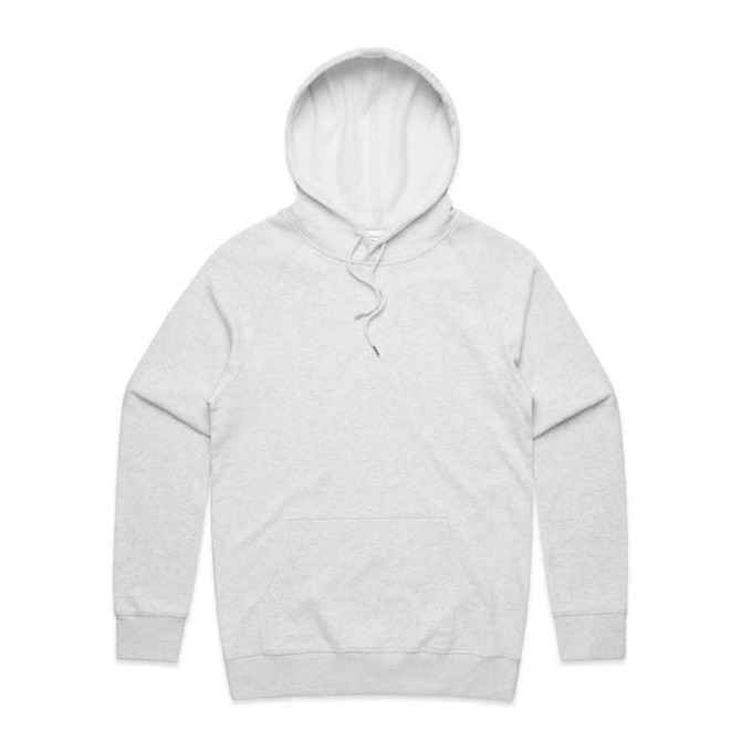 A grey hoodie featuring a front pocket and a drawstring hood, with a logo on it.