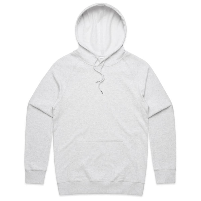 A light grey hoodie with a drawstring hood and a front pocket, featuring a logo on the chest.