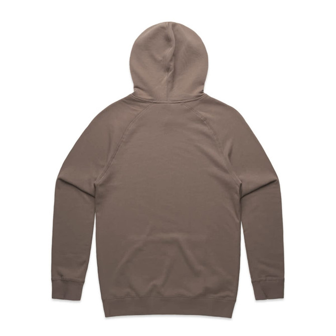 A premium hoodie in a muted brown colour, featuring a hood and long sleeves, with a logo on the back.