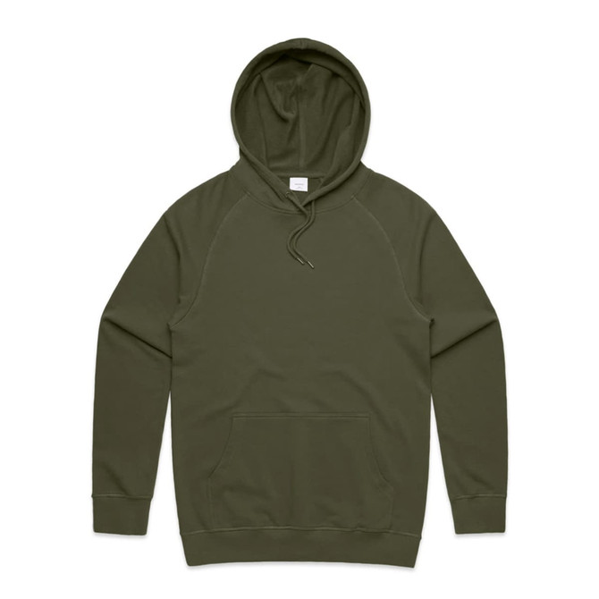 A khaki green hoodie with a front pocket and a drawstring hood, featuring a branding logo.