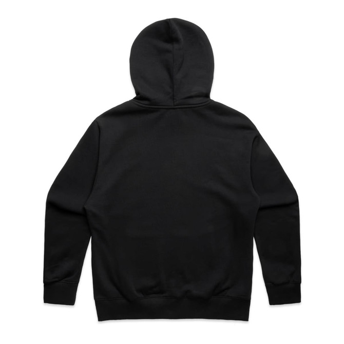 A black hoodie with a hood and long sleeves, featuring a plain back design and a logo.