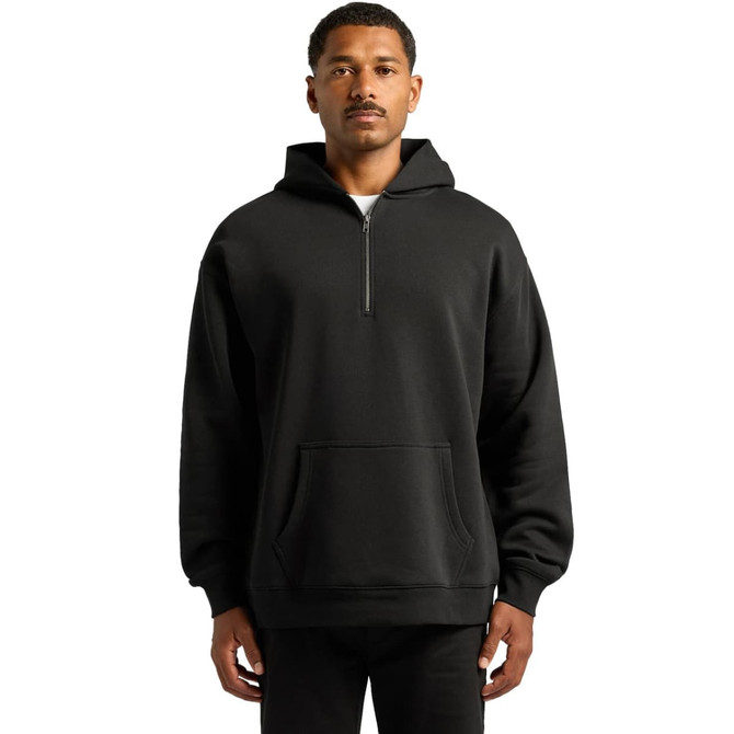 A black half zip hoodie with a front pocket and a drawstring hood, featuring a logo on the chest.