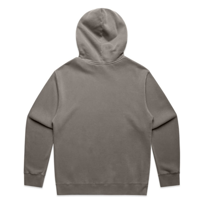 A faded olive green hoodie with a kangaroo pocket and a hood, featuring a logo. The back view is shown.