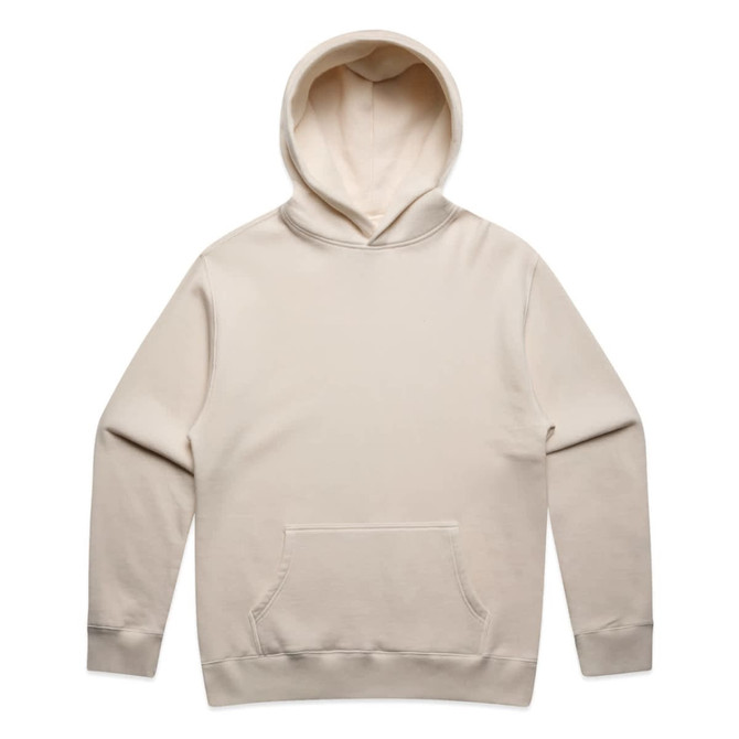 A beige hoodie with a front pocket and a drawstring hood. It features a logo on a sleeve.