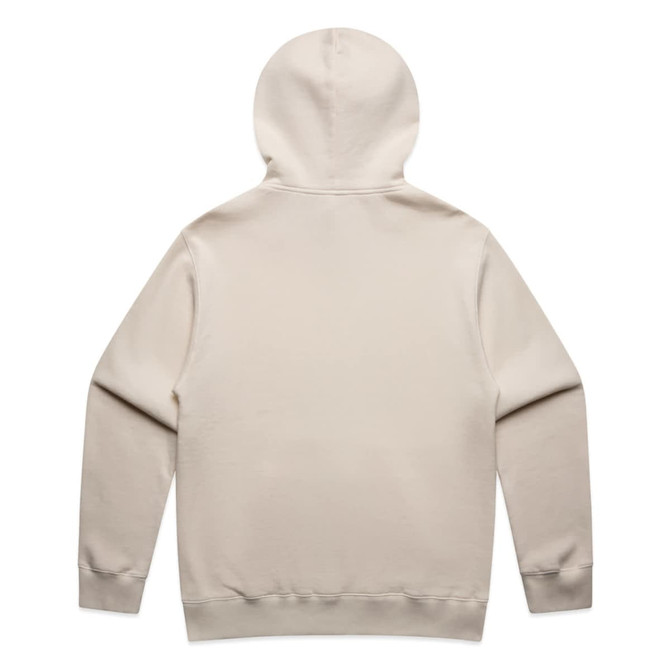 A beige hoodie featuring a hood and long sleeves. It has a plain back design and includes a logo.