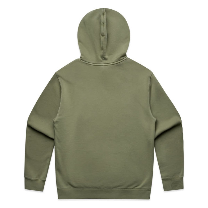 A green hoodie featuring a full hood, shown from the back. It includes a logo on the garment.