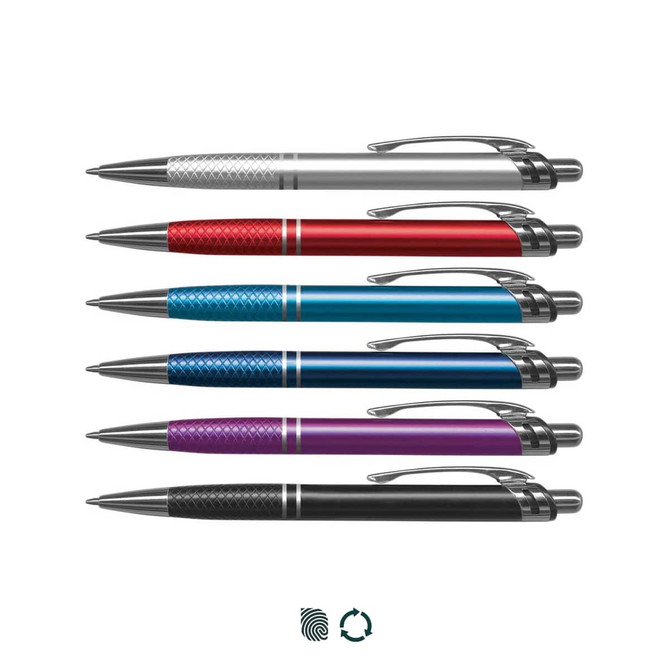 A collection of six metal pens in silver, red, blue, purple, and black, featuring various textured grips and a logo.