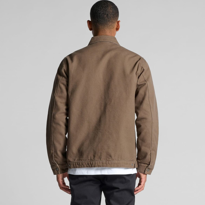 A heavy canvas jacket in brown, featuring a simple design and a logo on the back.