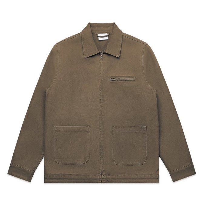 A heavy canvas jacket in a muted brown colour, featuring a zip front, two front pockets, and a chest pocket.