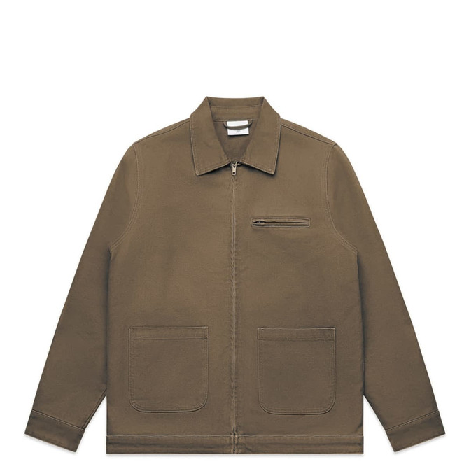 A canvas heavy jacket in olive green with a zip front and two front pockets. It features a small chest pocket and has a logo.