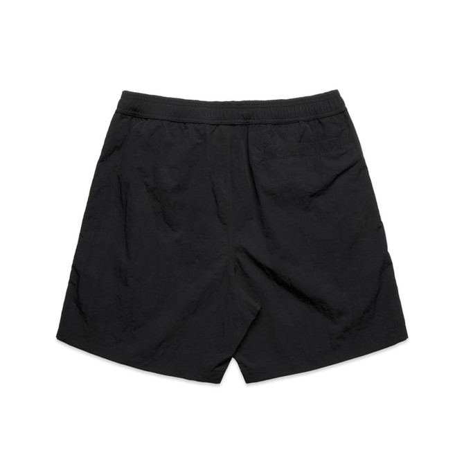 Black swim shorts with an elastic waistband and a simple design, featuring a logo.