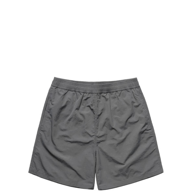 A pair of grey swim shorts with an elastic waistband and no visible branding.