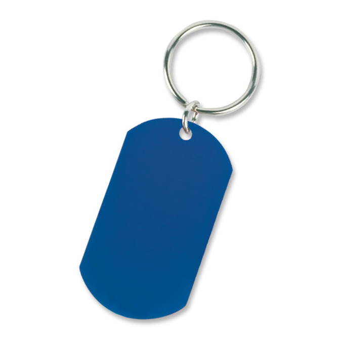 A blue key ring with a rounded rectangular tag, attached to a metal keyring. It features a simple design with no text.