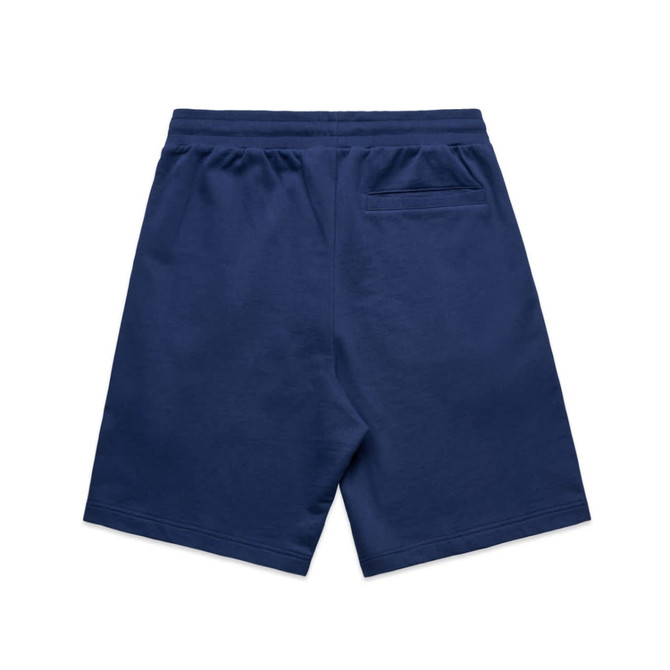 Navy shorts featuring a back pocket and an elastic waistband, designed for sports activities.