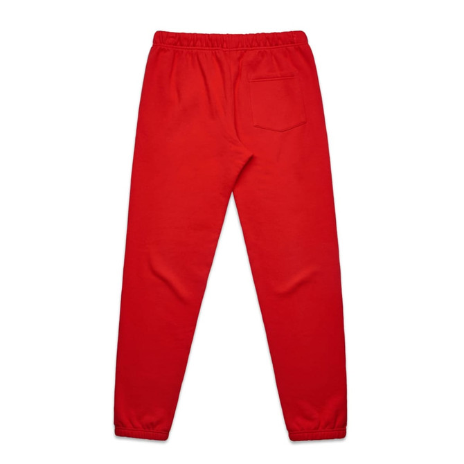 Red track pants with an elastic waistband and a single back pocket, featuring a logo on the waistband.