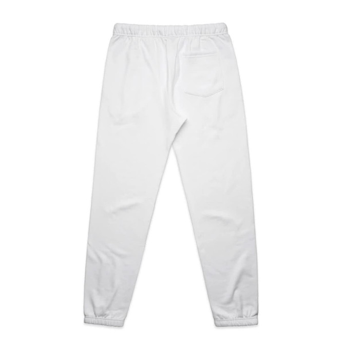 A pair of white track pants with an elastic waistband and a back pocket. The design includes a logo detail.
