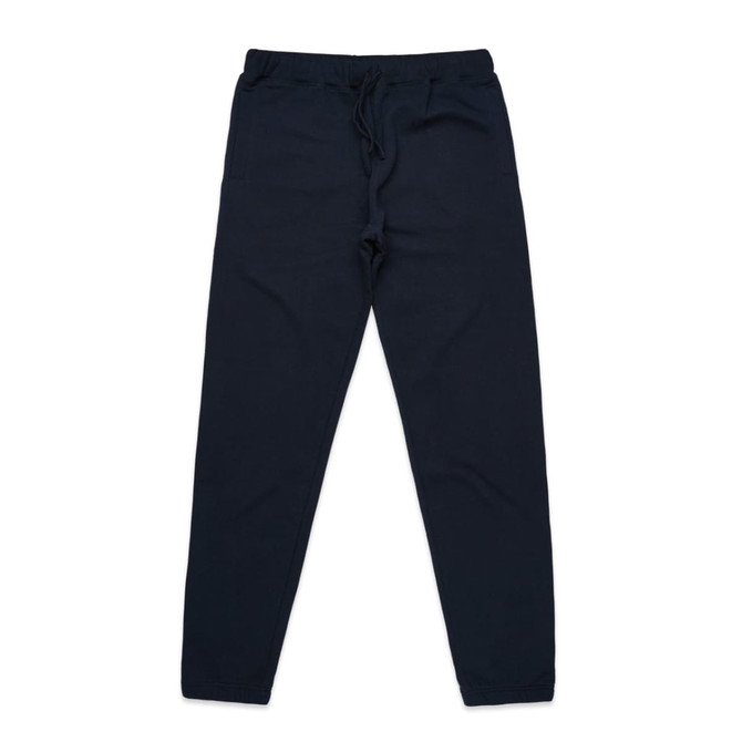 A pair of navy track pants with a drawstring waist and a fitted silhouette. Features a branding logo.