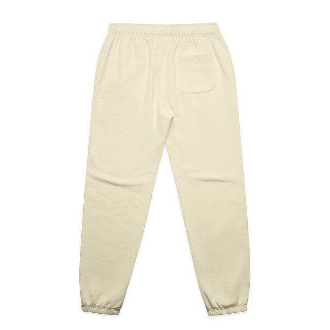 Cream-coloured track pants with elastic cuffs and a single back pocket. Features a logo.
