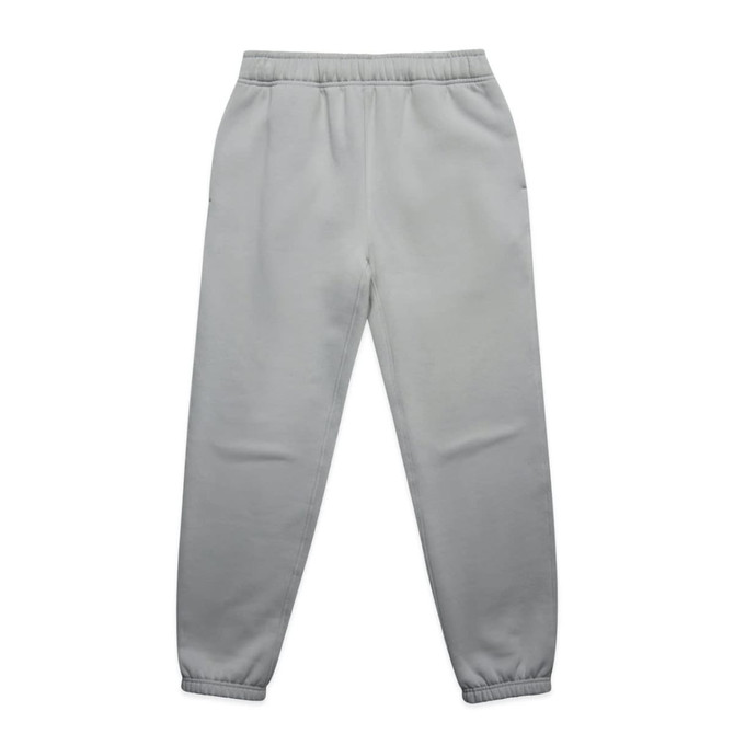 Light grey track pants with an elastic waistband and ankle cuffs, featuring side pockets and a subtle logo.